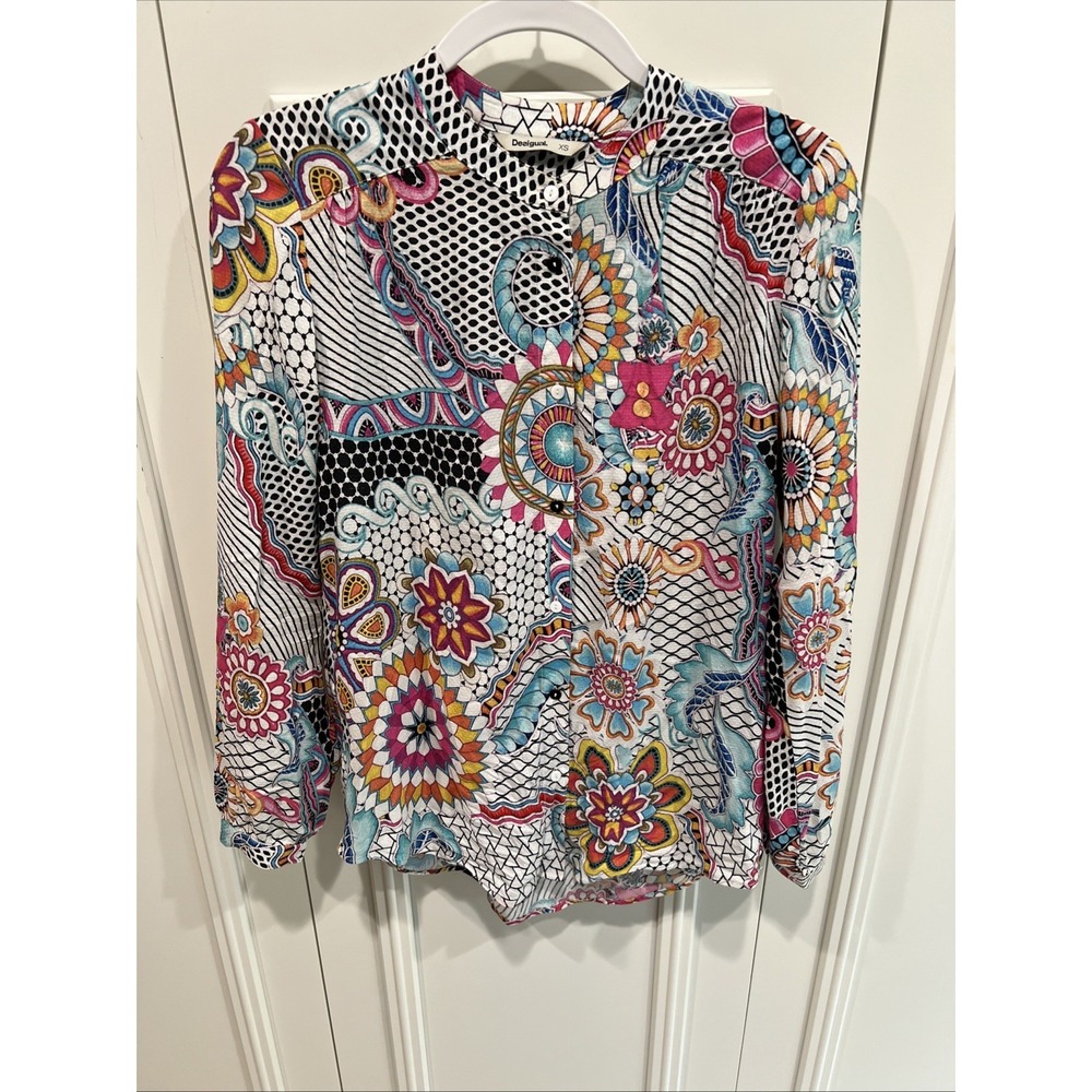Desigual Geometric Floral Button Up Tunic Shirt Colorful Artsy Eclectic Funky